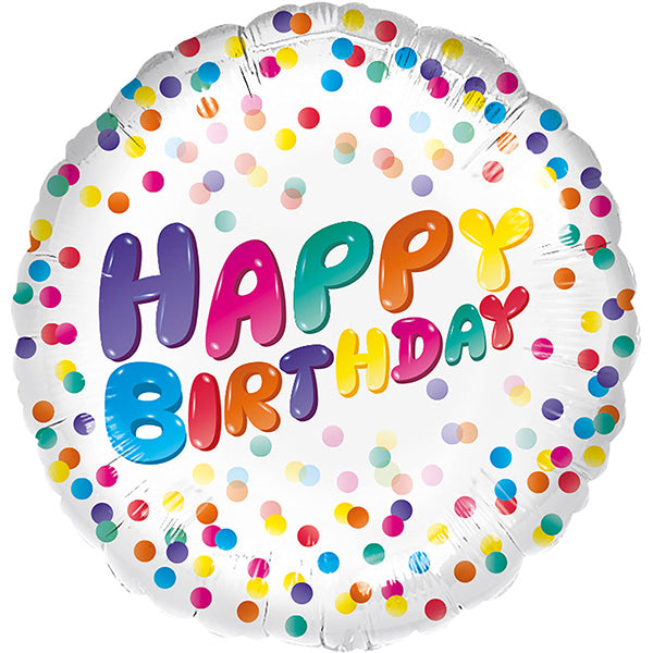 Folija balon „Happy Birthday“ – šarene konfete, 46 cm