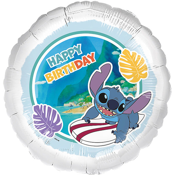 Folija balon „Happy Birthday“ – Stitch surfer, 46 cm