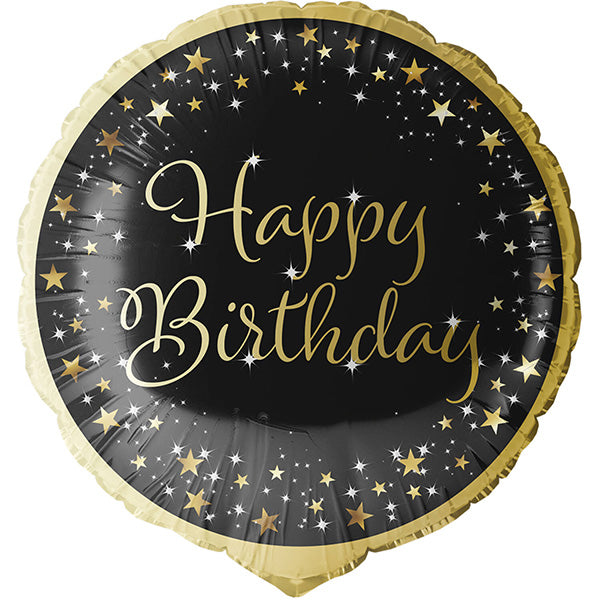 Folija balon „Happy Birthday“ – crno-zlatni, 46 cm