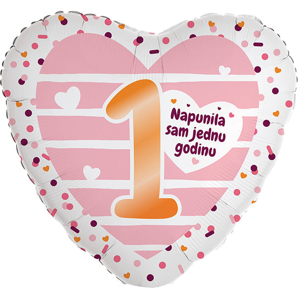Folija balon srce „Napunila sam jednu godinu“, 46 cm