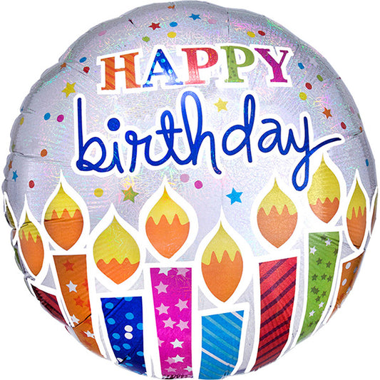 Veliki folija balon „Happy Birthday“ – svećice, holografski, 81 cm